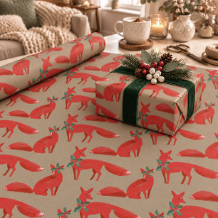 Rustic Kraft Red Foxes On A Holly Date Wrapping Paper