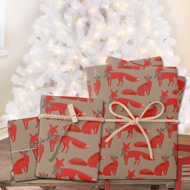 Rustic Kraft Red Foxes On A Holly Date Wrapping Paper Sheet (Rustic Kraft Red Foxes On A Holly Date Christmas Holiday Gift Wrapping Paper Sheets Trio)