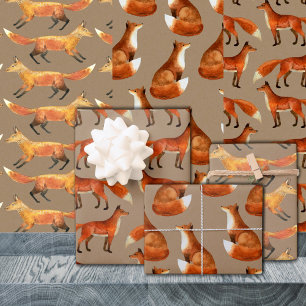 Rustic Kraft Red Foxes Repeat Pattern Wrapping Paper Sheet