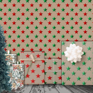 Rustic Kraft Red Green Stars Christmas Holiday Wrapping Paper Sheet