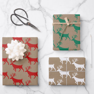 Rustic Kraft Red Green White Woodland Stag Wrapping Paper Sheet