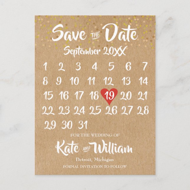 Rustic Kraft Red Heart Calendar Save the Date Announcement Postcard (Front)