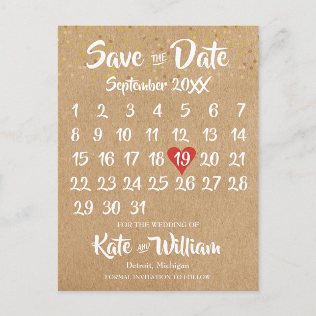 Rustic Kraft Red Heart Calendar Save the Date Postcard (Front)
