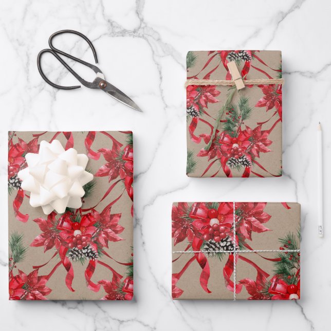 Rustic Kraft Red Poinsettias Ribbons Bows Lattice  Wrapping Paper Sheet (Front)