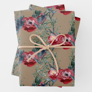 Rustic Kraft Red Roses Pine Spruce & Berries Wrapping Paper Sheet