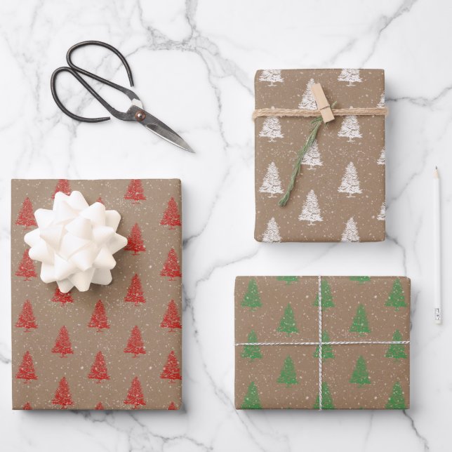 Rustic Kraft Red White Green Snowy Christmas Trees Wrapping Paper Sheet (Front)