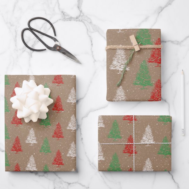 Rustic Kraft Red White Green Snowy Christmas Trees Wrapping Paper Sheet (Front)