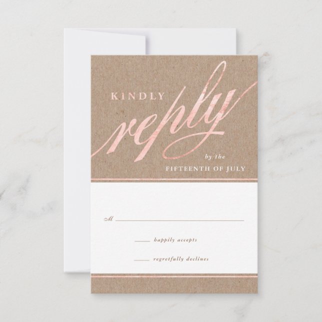 Rustic Kraft & Rose Gold Script Reply Cards (Front)