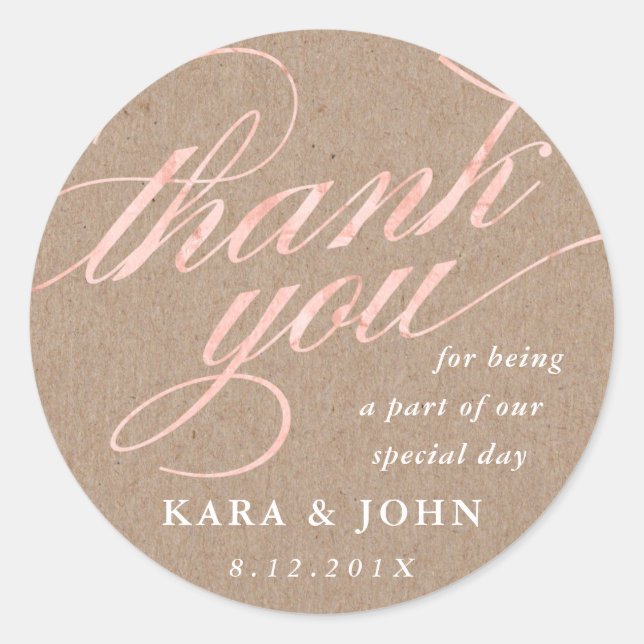 Rustic Kraft & Rose Gold Script Thank You Favour Classic Round Sticker (Front)