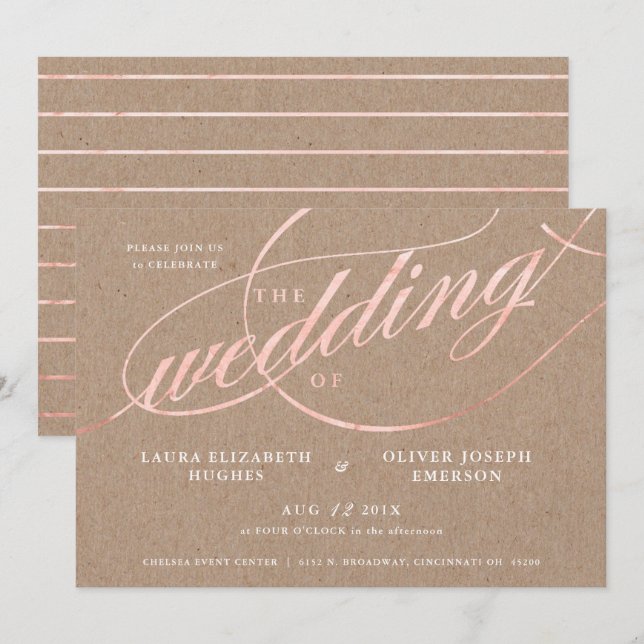 Rustic Kraft & Rose Gold Script Wedding Invitation (Front/Back)