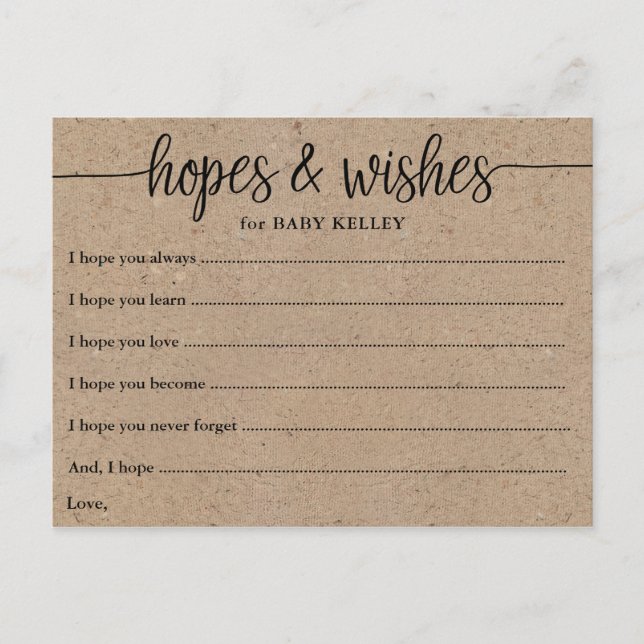 Rustic Kraft Script Baby Hopes & Wishes Card (Front)