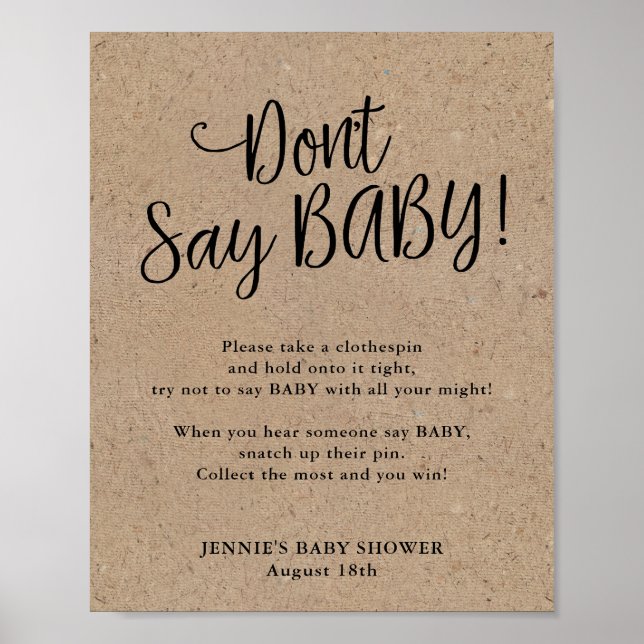 Rustic Kraft Script Don't Say Baby Game Poster (Front)