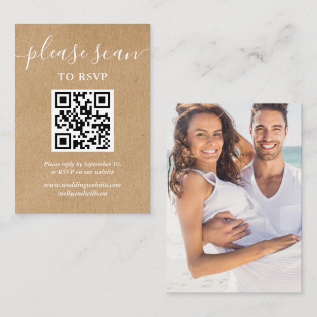 Rustic Kraft Script RSVP QR Code Photo Enclosure Card (Front/Back)