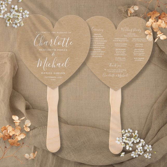 Rustic Kraft Script Wedding Program Heart Hand Fan (Rustic Kraft Script Wedding Program Heart Hand Fan)