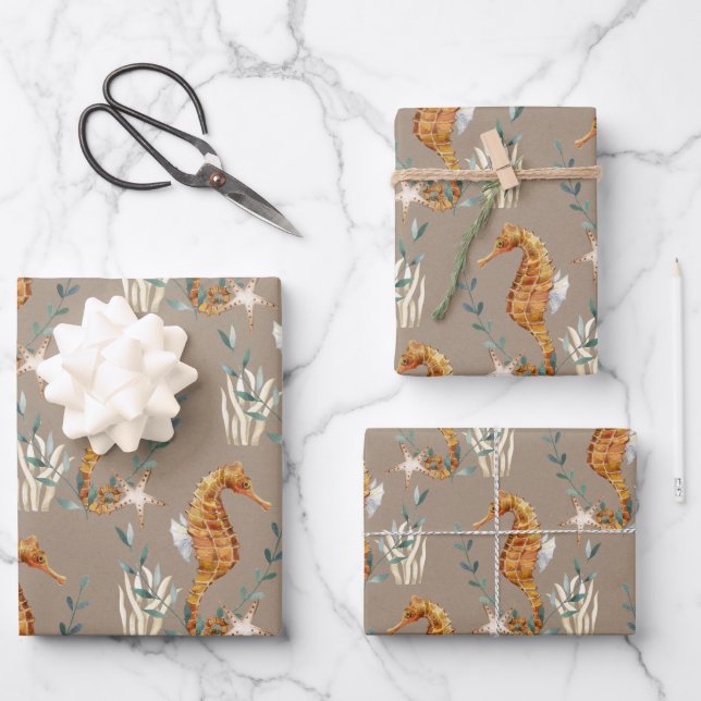 Rustic Kraft Seahorse Under The Sea Wrapping Paper Sheet (Front)