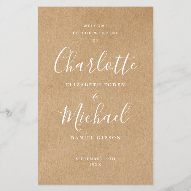 Rustic Kraft Signature Script Wedding Programme (Devant)