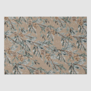 Rustic Kraft Snowy Blue Juniper Branches & Cones Tissue Paper