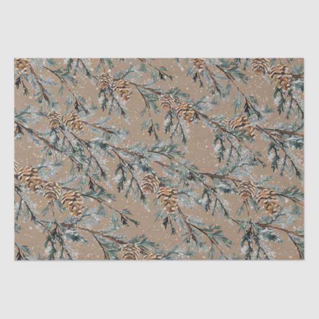 Rustic Kraft Snowy Blue Juniper Branches & Cones Tissue Paper (Front)