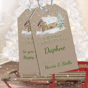 Rustic Kraft Snowy Log Cabin Winter Scene Gift Tags