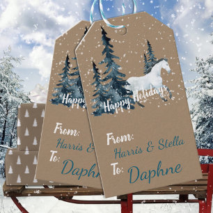 Rustic Kraft Snowy Spruce Tree White Horse Holiday Gift Tags