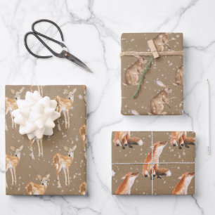 Rustic Kraft Snowy Winter Animals Wrapping Paper Sheet