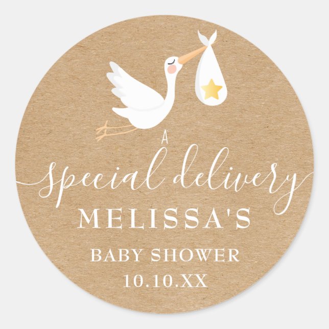 Rustic Kraft Special Delivery Stork Baby Shower Classic Round Sticker (Front)