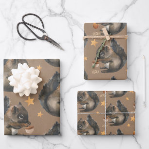 Rustic Kraft Squirrels & Gold Stars Wrapping Paper Sheet