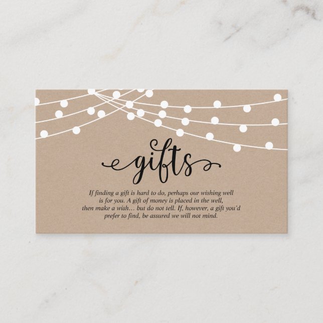 Rustic kraft string lights, A note on gifts Enclosure Card (Front)