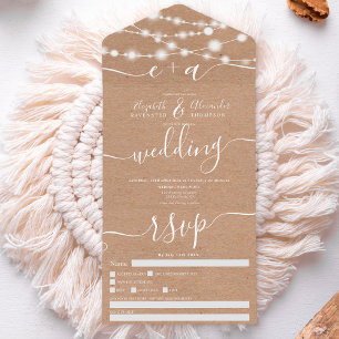 Rustic kraft string lights initials script wedding all in one invitation