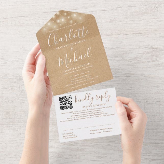 Rustic Kraft String Lights QR Code Wedding  All In One Invitation (Tearaway)