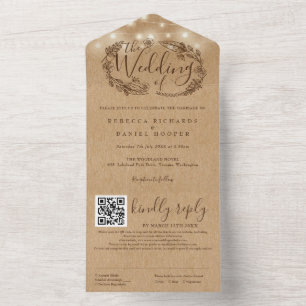 Rustic Kraft String Lights QR Code Wedding All In One Invitation