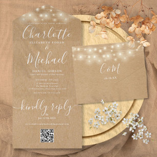 Rustic Kraft String Lights QR Code Wedding All In One Invitation