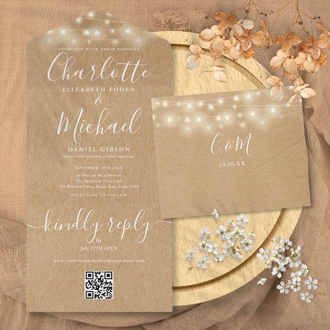 Rustic Kraft String Lights QR Code Wedding  All In One Invitation (Rustic Kraft String Lights QR Code Wedding All In One Invitation)