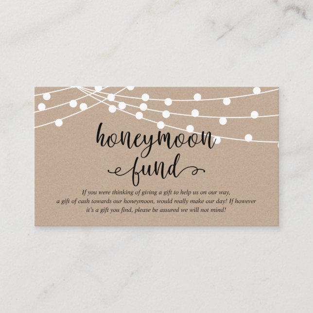 Rustic kraft string lights, Wedding Honeymoon Fund Enclosure Card (Front)