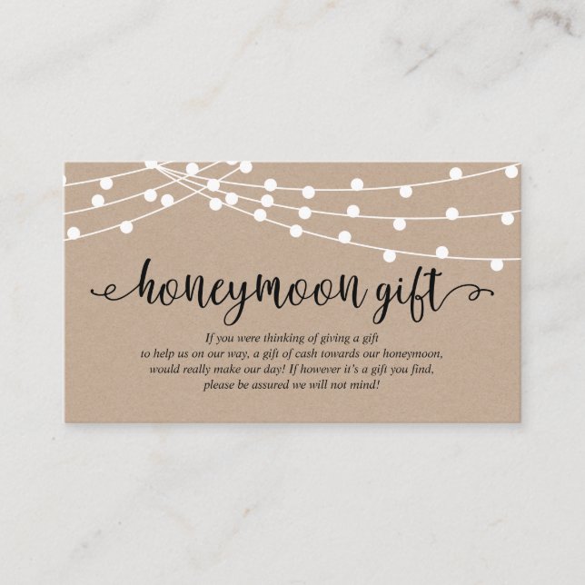 Rustic kraft string lights, Wedding Honeymoon Gift Enclosure Card (Front)