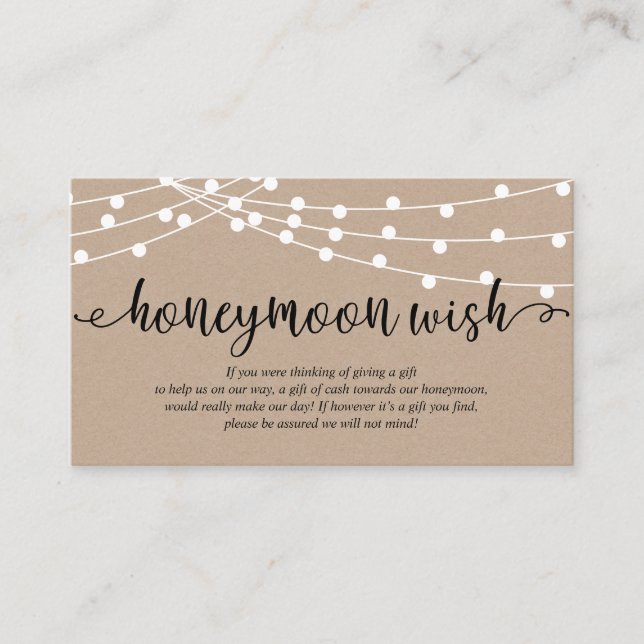 Rustic kraft string lights, Wedding Honeymoon Wish Enclosure Card (Front)