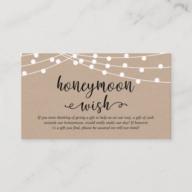 Rustic kraft string lights, Wedding Honeymoon Wish Enclosure Card (Front)