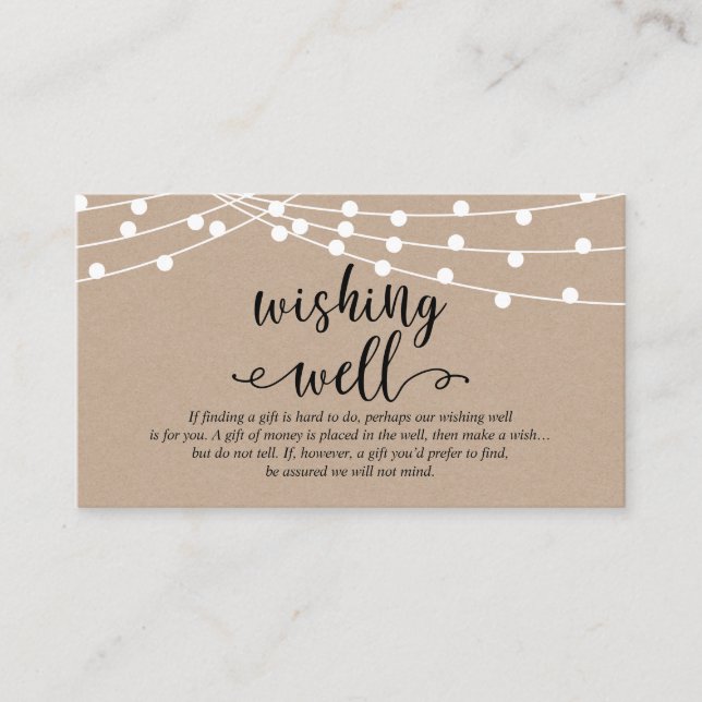 Rustic kraft string lights, Wedding Wishing Well Enclosure Card (Front)