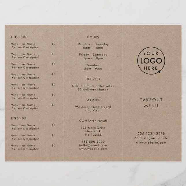 Rustic Kraft Takeout | Restaurant Takeaway Menu (Front)