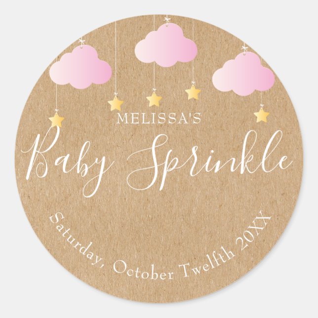 Rustic kraft twinkle sprinkle baby shower pink classic round sticker (Front)