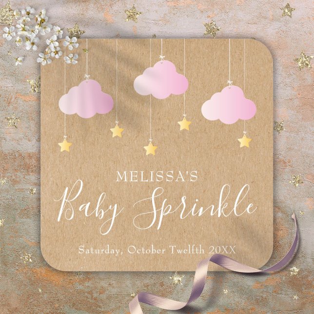 Rustic Kraft Twinkle Sprinkle Baby Shower Pink Square Sticker (Rustic Kraft Twinkle Sprinkle Baby Shower Pink Square Sticker)