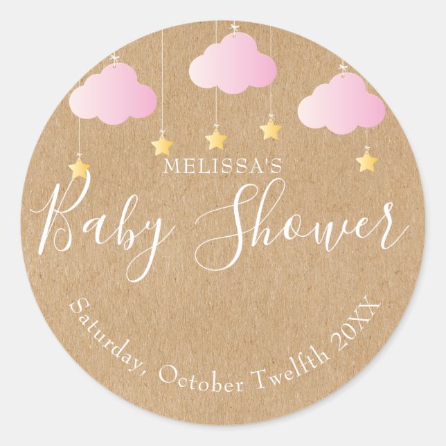 Rustic kraft twinkle twinkle baby shower pink classic round sticker (Front)