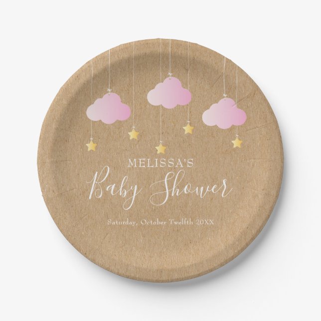 Rustic kraft twinkle twinkle baby shower pink paper plate (Front)