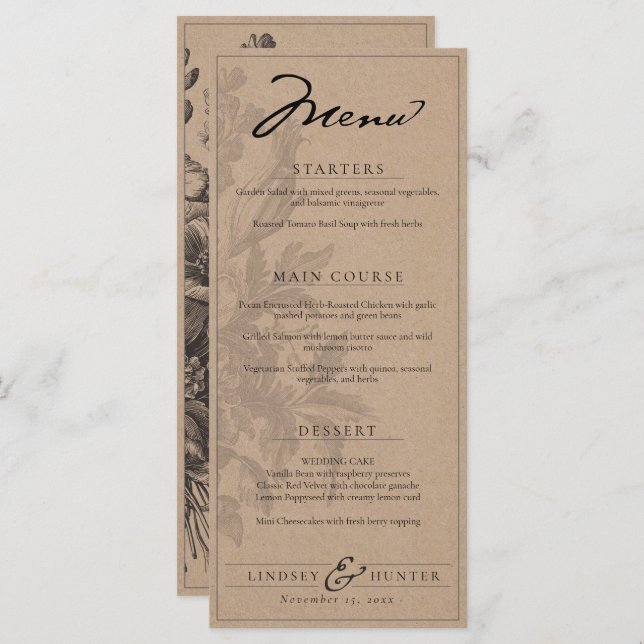 Rustic Kraft Vintage Floral Romantic Wedding Menu (Front/Back)