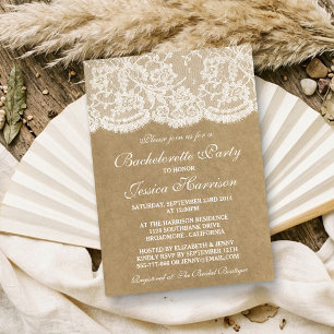 Rustic Kraft Vintage White Lace Bachelorette Party Invitation