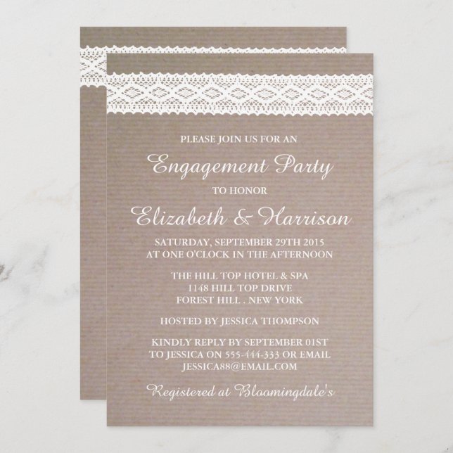 Rustic Kraft, Vintage White Lace Engagement Party Invitation (Front/Back)