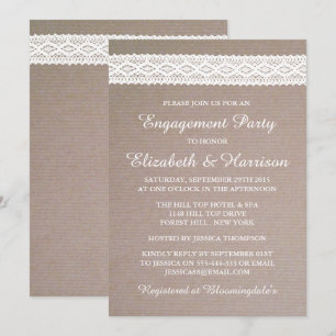 Rustic Kraft, Vintage White Lace Engagement Party Invitation