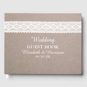 Rustic Kraft & Vintage White Lace Wedding Guest Book