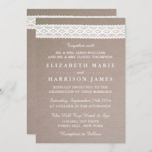 Rustic Kraft & Vintage White Lace Wedding Invitation