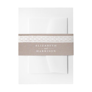 Rustic Kraft & Vintage White Lace Wedding Invitation Belly Band